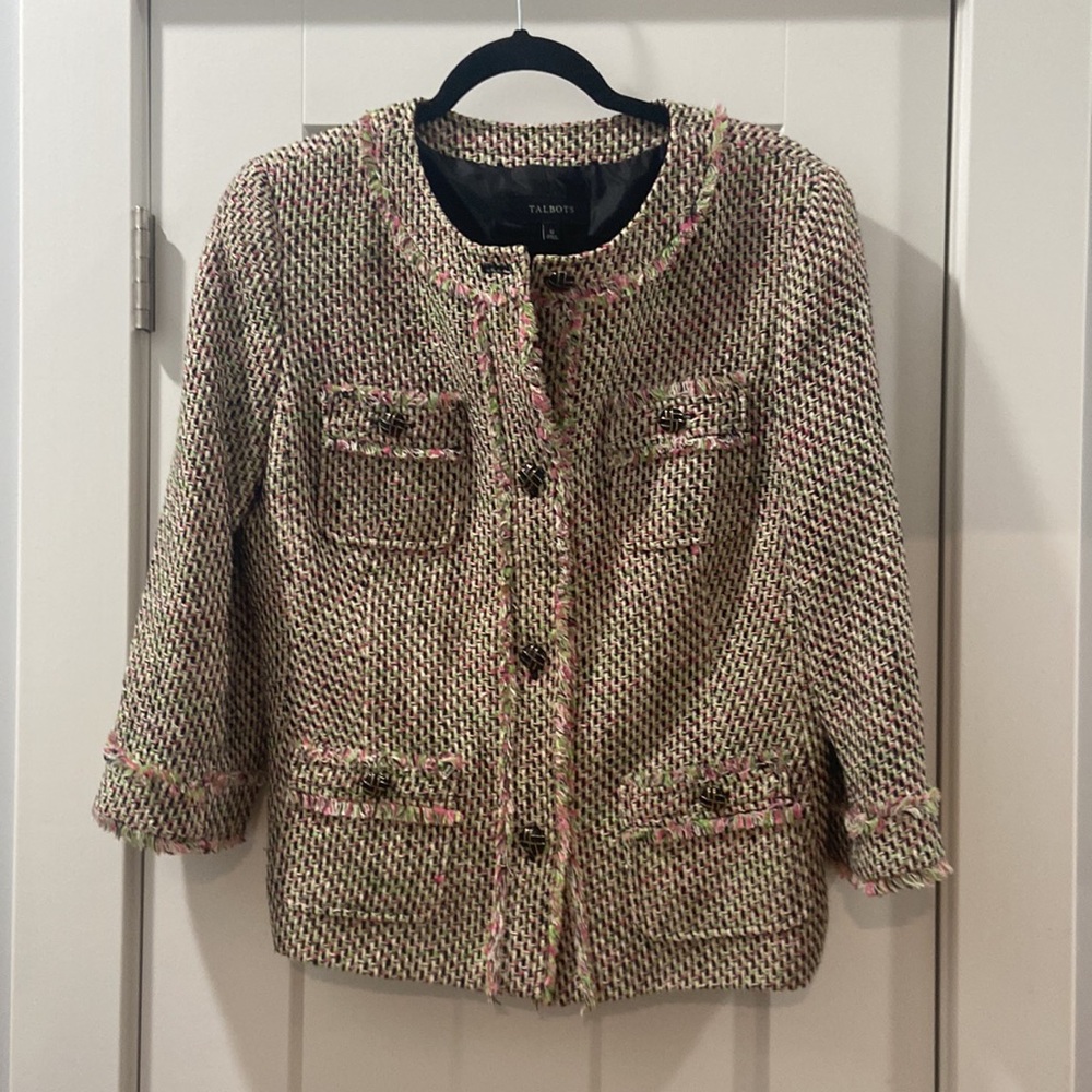 Talbolts Pink Green Tweed Eyelash Trim Cloqué Style Round Neck Blazer Jacket 12 - Picture 1 of 16